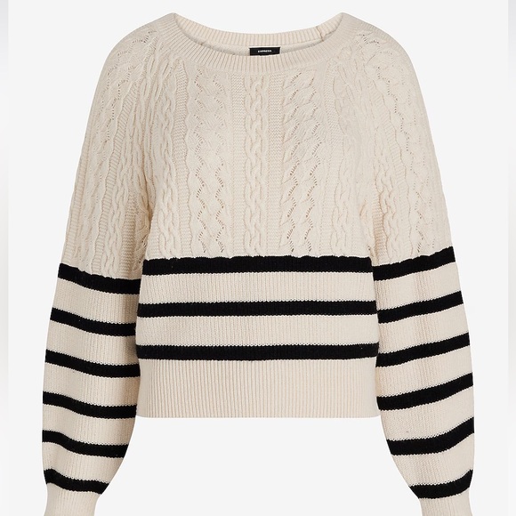 Express White Black Striped Cable Knit Crew Neck Sweater Size Large - Picture 6 of 13
